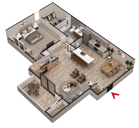 Floor plan for 1 bed, 1 bath, 835 sqft